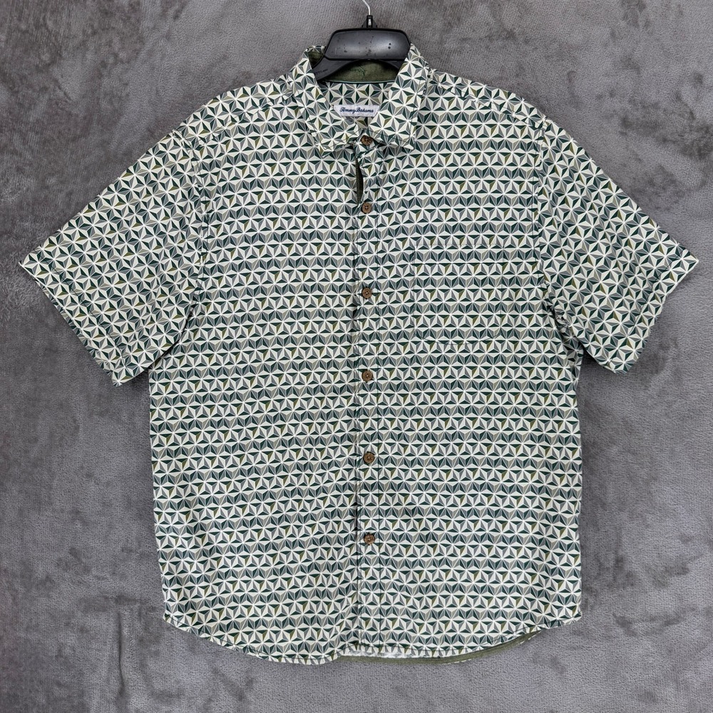 Tommy Bahama Shirt Mens Large Short Sleeve Geometric Green Silk Blend EUC